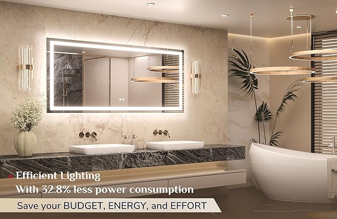 Keonjinn LED Bathroom Mirror 60" x 28" with Frontlit & Backlit, Lighted Mirror for Bathroom Wall with Stepless 3-Color Lights, Large Anti-Fog Mirror, HD Tempered Glass, UL-Listed LED Driver