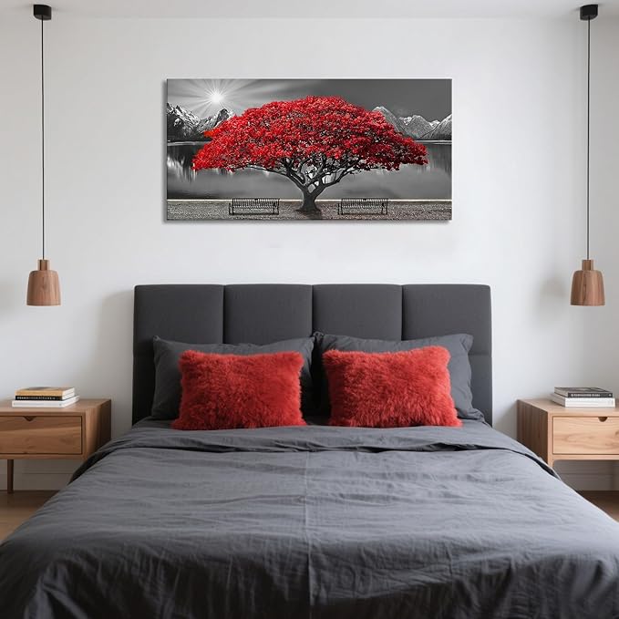 Mofutinpo Black and White Red Tree Wall Art Canvas Print Picture Large Red Tree Landscape Modern Artwork for Living Room Bedroom Office Home Wall Decoration Decor With Frame 20x40in