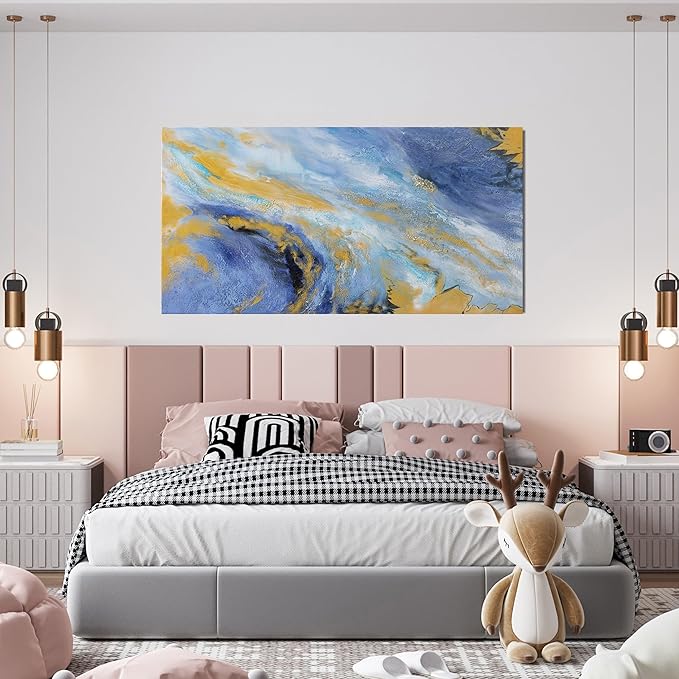 Canvas Wall Art Decor Blue Gold Wall Art Prints Large Abstract Wall Art for Living Room Art Work for Wall Decor Minimalist Azure - Gold Fluid Symphony Artwork for Walls Home Office Decor 20"X40"