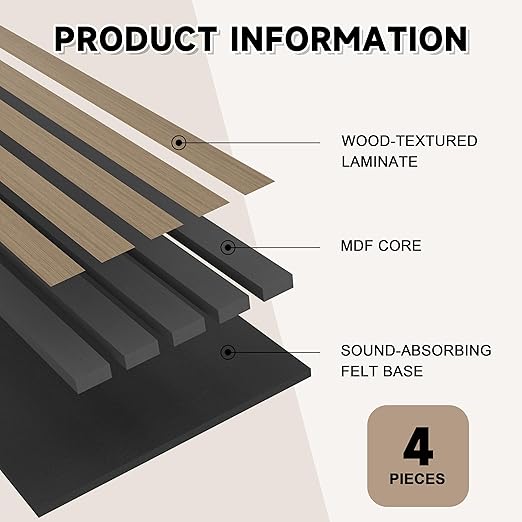 4 Pack Wood Slat Wall Wood Paneling,95 x 8 in Soundpoof Wooden Engineered Wooden Slat Wall Panels,Stylish Acoustic Wall Panels for Interior Wall Decor with Felt Backing,Walnut