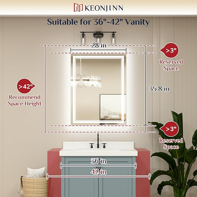 Keonjinn LED Bathroom Mirror with Light, 28x36 in Frontlit and Backlit, Stepless 3 Colors Temperature & Dimmable Wall Mirror, UL Listed LED Driver, Double LED Strips, Tempered Glass LED Vanity Mirror