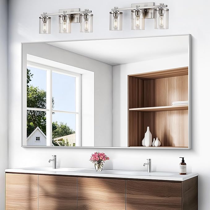 BONEWEI Silver Bathroom Mirror,60x40 inch Wall Mirror for Bathroom Wall Mounted,Large Rectangle Mirror for Bathroom Over Sink,Modern Metal Frame for Living Room,Bedroom Entryway,Horizontal/Vertical