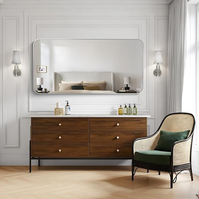 KOCUUY Silver Bathroom Mirror, 60x30 Inch Large Bathroom Mirror for Over Sink, HD Tempered Glass, Anti-Rust Brushed Silver Frame, Rounded Corner Modern Design for Bathroom, Hang Horizontal/Vertical