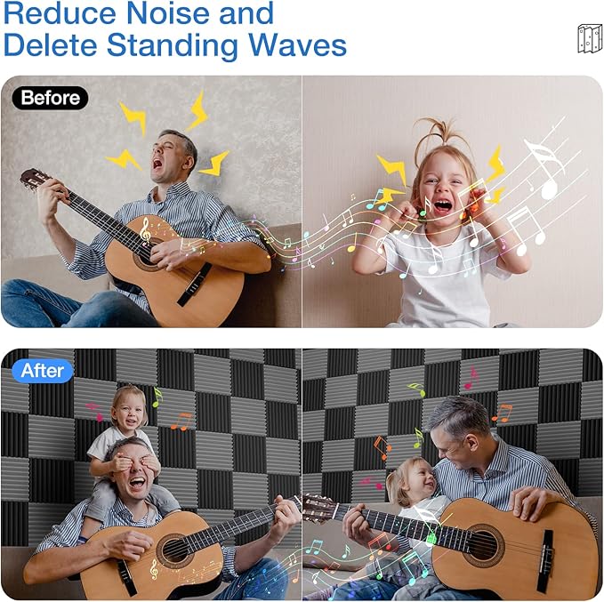 24 Pack Self-Adhesive Acoustic Panels - 2"X 12"X 12"Wall Panels - Quick-Recovery and High Density Sound Panels - Sound proof Acoustic Foam for Home Studio - Black and Gray