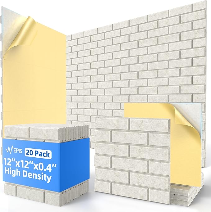 20 Pack Acoustic Panels with Self Adhesive, 12" X 12" X 0.4" High Density Sound Proof Foam Panels for Walls, Soundproof Wall Panels, Brick Sound Absorbing Panels for Home Studio Office Decor Ivory Tan