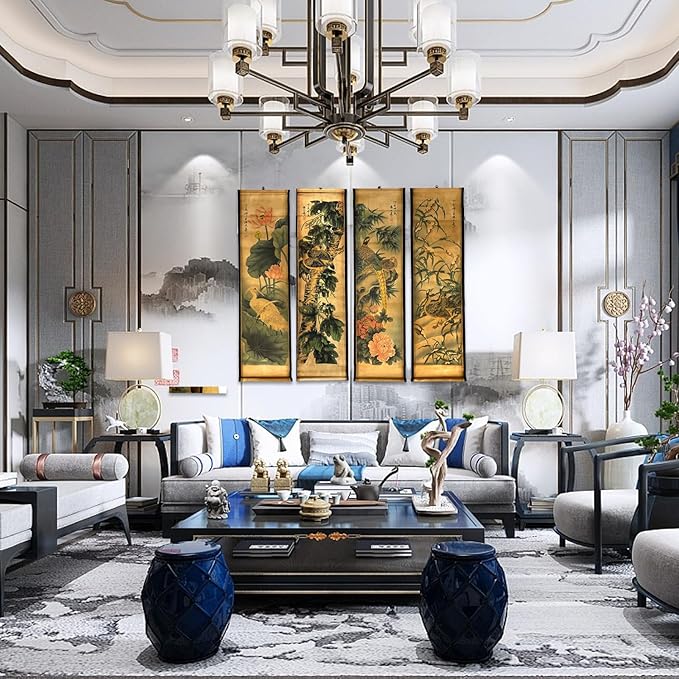 CIFIBIFUN Wall Asia Art Prints Posters Painting Plant Flower Vintage Style,4 Panels Old Paper Scroll, Home Walls Decor (Super Old Aging Paper, B Plants Birds)