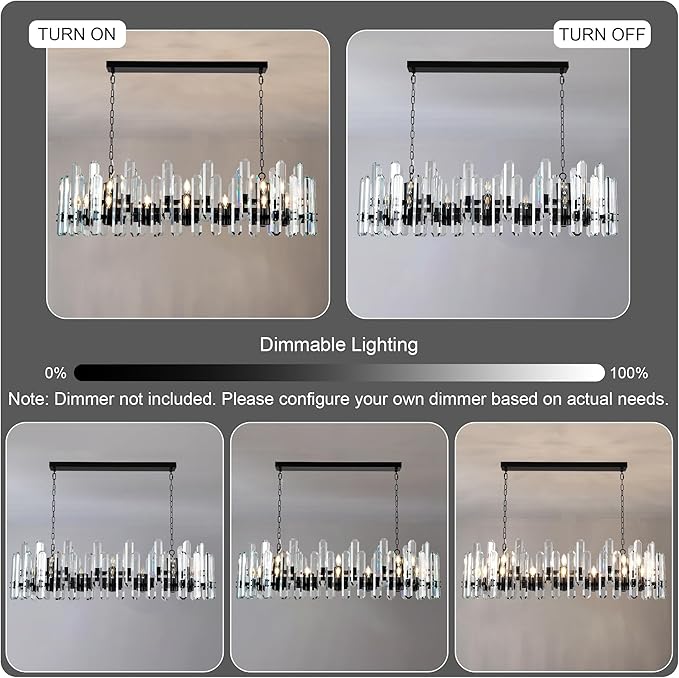 54" Black Chandelier, 24-Light Modern Rectangular Crystal Chandelier for Dining Room, Kitchen Island, Living Room, Bedroom, Foyer, Contemporary Adjustable Chain Chandeliers, Luxury K9 Light Fixture