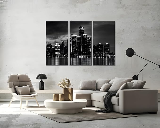 NAN Wind 3 Pcs Detroit Skyline Canvas Wall Art Cityscape Night Scene Black and White City Art Print on Canvas Modern Giclee Framed Painting for Room Decor Home Decor Detroit Skyline Picture Prints