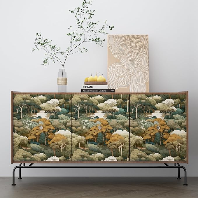 Autumn Forest Wallpaper Peel and Stick Vintage Yellow Trees Woodland Contact Paper 17.4" x 393" Waterproof Self-Adhesive Wall Paper for Bedroom Countertop Desk Cabinets Shelf Decor Renter Friendly