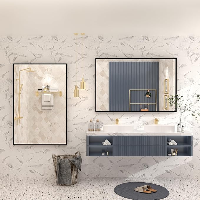 48x30 Inch Black Metal Framed Bathroom Mirror for Wall, Black Matte Rectangle Bathroom Vanity Mirror, Square Corner, Anti-Rust, Tempered Glass, Hangs Horizontally or Vertically