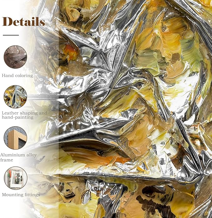 BrightA Textured silver leather abstract art - vibrant spray-painted fluid colors (yellow/orange/green) with solid wood frames, modern wall sculptures, contemporary living room 27.5"x 39.4"