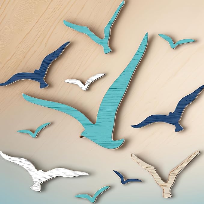 11 PCS Wooden Seagull Wall Art Beach Decor, Wood Sea Gull Ocean Coastal Decor for Wall, Adhesive Nautical Decor Sculpture Vintage Ornaments For Home Bathroom (Blue)