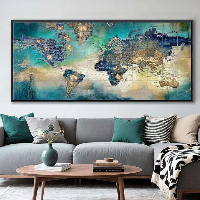 Large World Map Canvas Prints Wall Art for Living Room Office Green World Map Picture Artwork Decor for Home Decoration Black Framed Wall Art