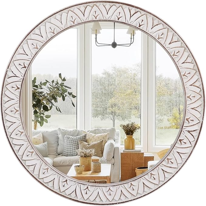 20" Round Rustic Mirror Wooden Frame Circle Mirrors, Distressed Wall Mounted Mirror for Bathroom, Bedroom, Living Room, Entryway, Fireplace, Hall