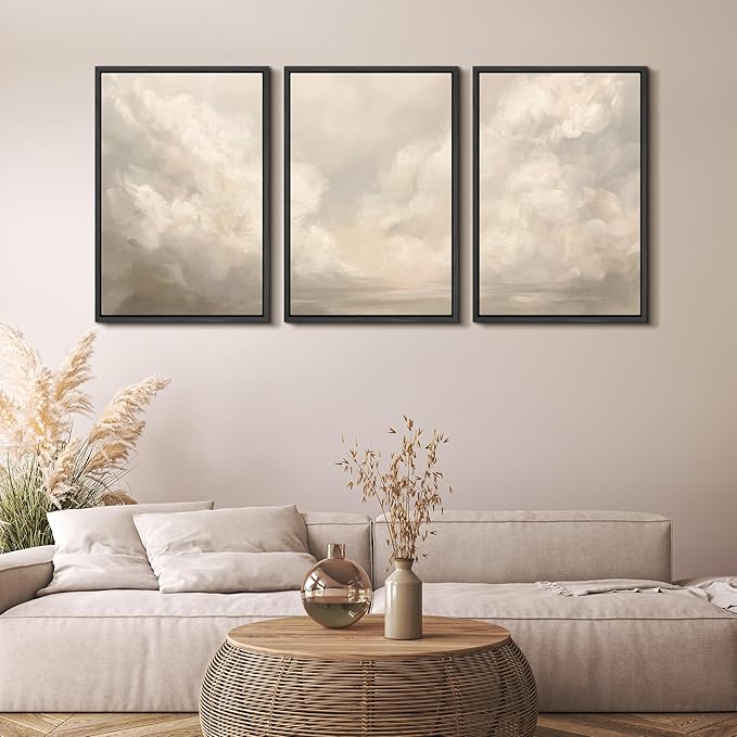 MUDECOR Framed Wall Art Print Set Neutral Cloudscape Soft Beige Abstract Sky Illustrations Modern Art Boho Decorative Colorful Chic for Living Room, Bedroom, Office - 24"x36"x3 Black