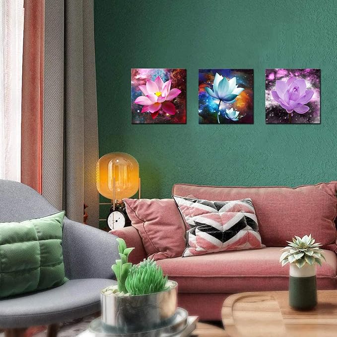 Biuteawal 3 Panels Flowers Wall Art Blooming Lotus Water Lily Picture Elegant Pink Blue Purple Floral Painting Canvas Print Framed Modern Home Bedroom Living Room Decor Ready to Hang