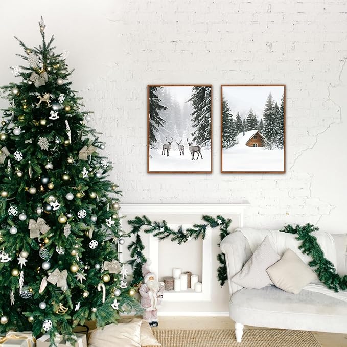 LHIUEM Christmas Pictures Wall Decor Winter Landscape Canvas Art 3 Piece Christmas Artworks(12”X16”) Winter Framed Art Prints Vintage Farmhouse Decorations Snow Forest Reindeer Wall Art for Room