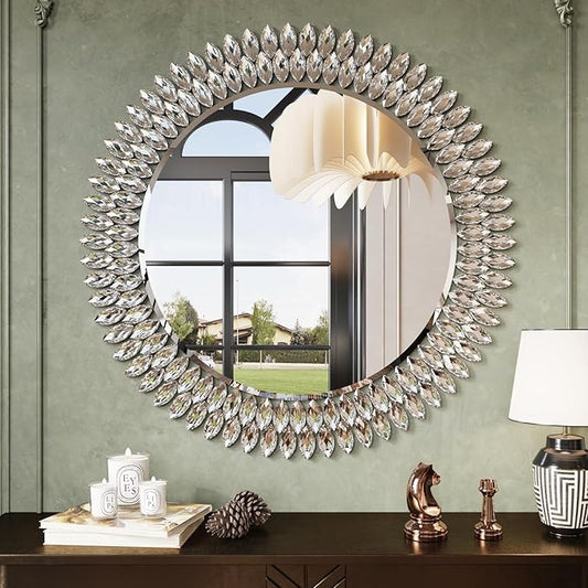 Kelly Miller Round Jeweled Mirror for Wall Decor, 32 in Modern Decorative Wall Mirror with Luxury Diamonds Beveled Vanity Mirror for Bedroom, Living Room, Bathroom, Hallway, Entryway, Fireplace