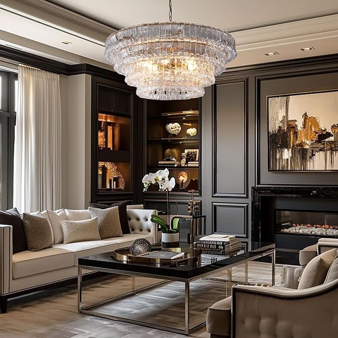 Clear Glass 36 inch Round Chandelier for Dining Room, Modern Drum Pendant Light Fixture with Crystal Glass, Gold Large Ceiling Light Perfect for Living Room, Bedroom