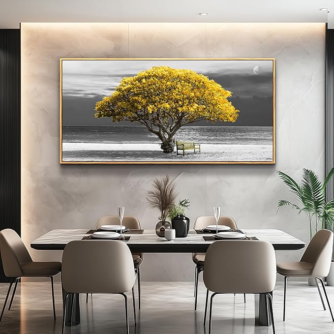 MHARTK66 Wood Framed Wall Decor For Living Room Large Canvas Wall Art For Office Bedroom Decoration Art Black And White Scenery Wall Painting Yellow Trees View Picture Hotel Room Home Artwork