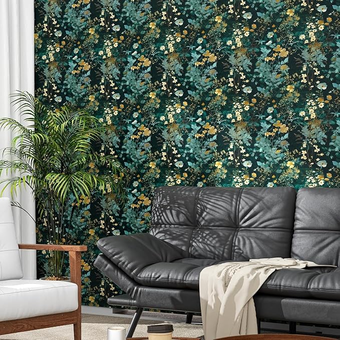 Blue Floral Peel and Stick Wallpaper Boho Leaf Contact Paper Dark Watercolor Removable Self Adhesive Waterproof Wall Paper for Cabinet Drawers Wall Decor Renter Friendly 17.5''x393''