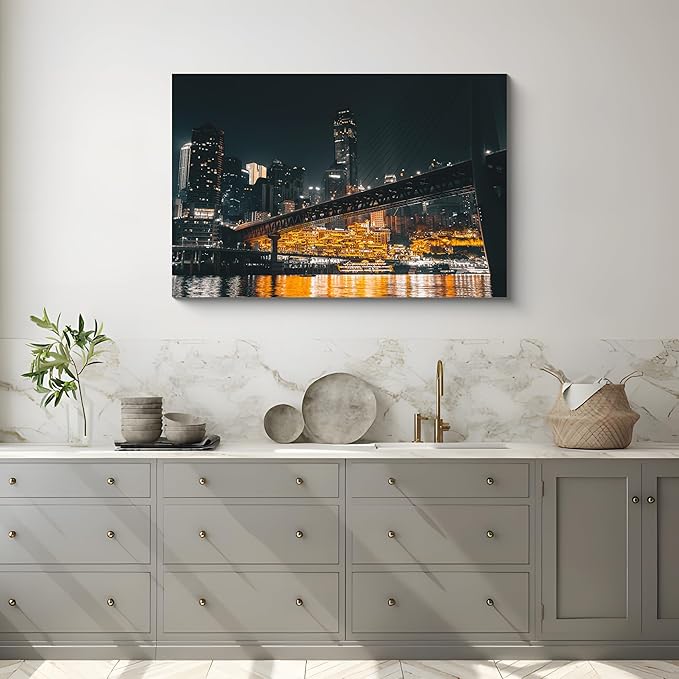 NAN Wind 1PCS Chongqing City Nightscape Canvas Wall Art Illuminated Chinese Skyline with Bridge Skyscrapers Modern Urban Landscape Photography Print for Living Room Office Bedroom Decor
