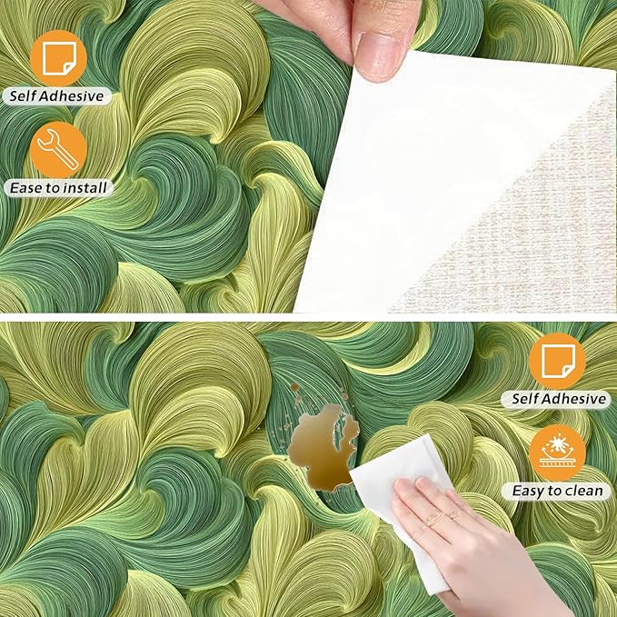 Nuxovilar Green Brushstroke Abstract Textured Peel and Stick Wallpaper, 15.75"x39.37", Self-Adhesive Contact Paper, Artistic Swirl Pattern for Bedroom, Living Room and Table Decor