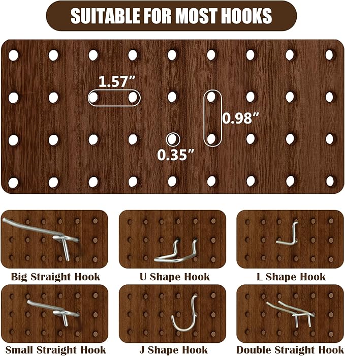 6 Panel Pegboard Display with 24 Hooks, Wood Room Divider Wall, 5.6Ft Folding Privacy Screen Divider Room, Portable Freestanding Wall Organizer for Bedroom Reading Room(Dark Brown)