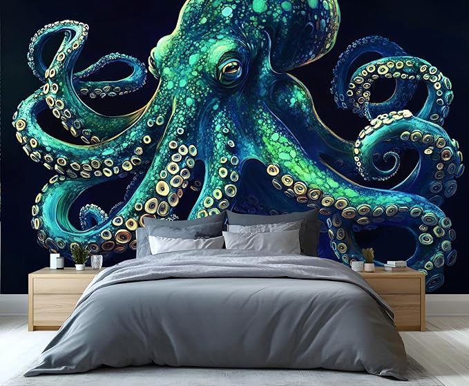 Blue-Green Octopus Wall Murals, Tentacles Mural Wallpaper, Marine Life Wall Decor, Fantasy Ocean Mural for Bedroom, Octopus Wallpaper for Living Room 98"（W） x 78"（H）