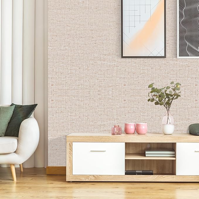Beige Grasscloth Contact Paper 15.75x196.85inch Peel and Stick Wallpaper Removable Textured Wallpaper Self Adhesive Faux Linen Decoration Wall Paper for Furture Countertop Renovation