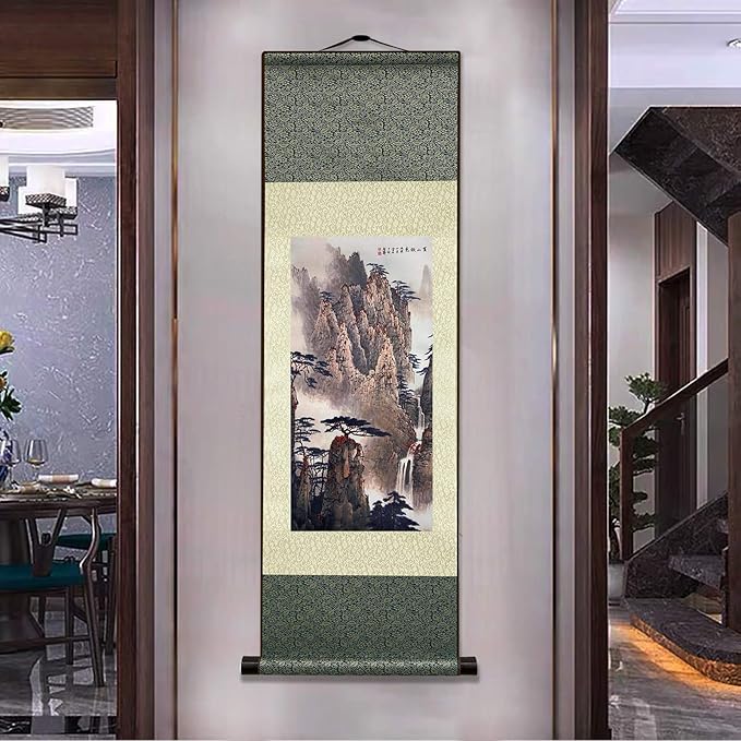 AtfArt Asian Wall Decor - Beautiful Silk Scroll Painting: Waterfall River Landscape - Autumn in Huangshan Mountain Oriental Decor - Chinese Wall Hanging (36.2 x 12 in)