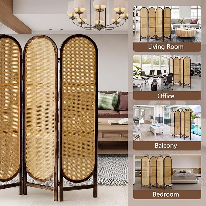 ALeesinwing 4 Panels Room Dividers, Hand-Woven Rattan Room Divider Panel and Folding Privacy Screens, Wood Room Divider Wall Freestanding Room Partitions Screen for Home Office Bedroom, Dark Brown