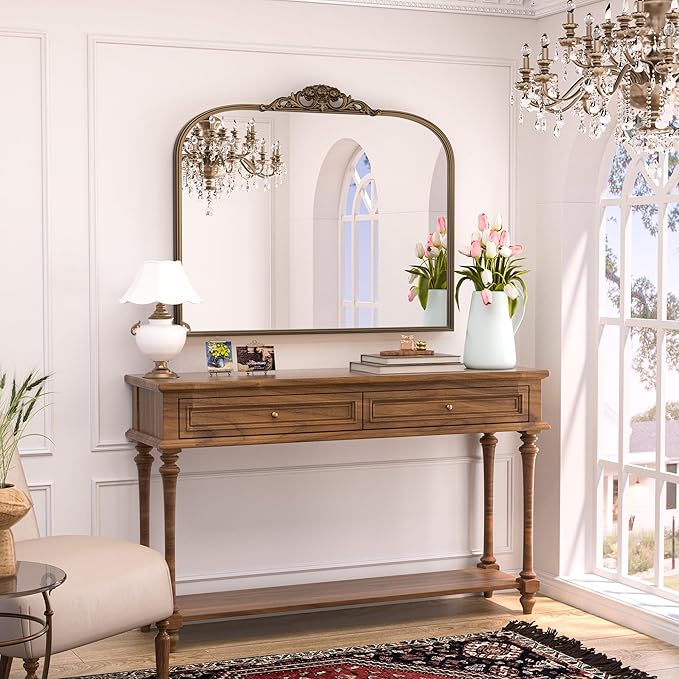 Keonjinn Vintage Gold Mirror, 40" x 30" Large Arched Mirrors with Metal Frame for Wall, Brass Baroque Mirror, Ornate Decorative Mirror for Mantle, Bathroom, French Cleat Mounting