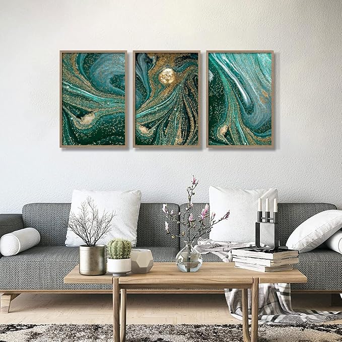3pcs Wood Framed Green Abstract Canvas Wall Art - Abstract Green Black Gold Fluid Artwork - Modern Green Gold Abstract Prints Posters - Living Room Bedroom Decorative Paintings Gallery Style Wall Hanging Pictures