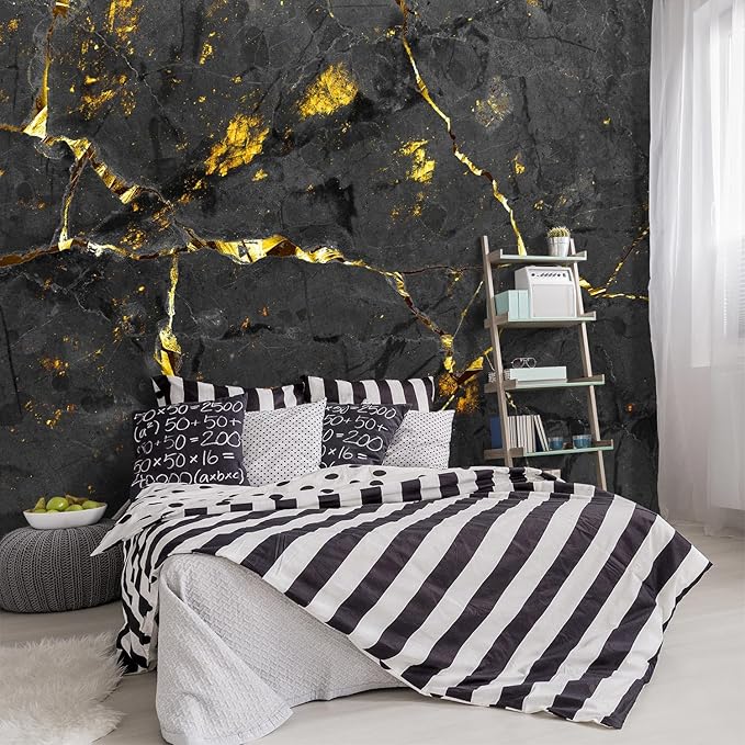-Black and Gold Marbled Fabric Wallpaper Dark Abstraction Art Living Room Bedroom Bathroom Wall Mural- 91"x65"（ not Peel and Stick）
