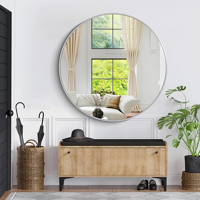 KOCUUY 48" Large Silver Round Mirror, Oversized Wall Mounted Bathroom Metal Framed Circle Mirror, Modern Vanity Circular Mirrors for Wall, Over Sink, Living Room, Bedroom Decor