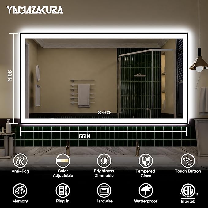 LED Bathroom Mirror 55x30 with Backlit and Front Lighted, Framed Dimmable Illuminated Mirror for Wall Anti-Fog Shatterproof (Horizontal/Vertical)