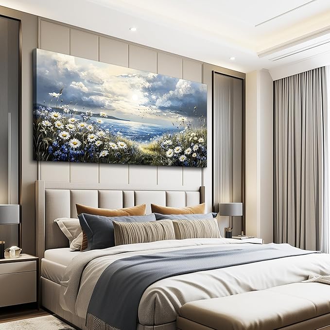 KELIYUAN Large Canvas Wall Art For Living Room Bedroom Wall Decor Home Office Blue Mediterranean Garden Landscape Painting Room Bathroom Dining Room Prints Artwork Picture Wall Decoration 20x40 In