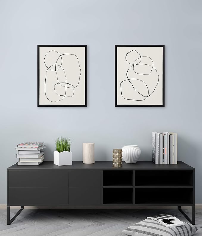 Kate and Laurel Sylvie Modern Circles and Going in Circles Framed Linen Textured Canvas Wall Art by Teju Reval, 2 Piece 18x24 Minimalist Abstract Black