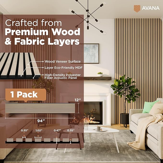 Avana Modern Acoustic Wood Wall Panels – 94.4 X 12.6 Inch White Oak Acoustic Panels 1 PC – Wall Panels For Interior Wall Decor for Homes, Offices, Studios – Sturdy And Durable Wood Panels For Wall
