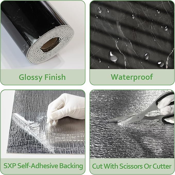 Marble Peel and Stick Waterproof Wall Paneling, 118" x 47" Black Marquina Glossy Finish Self-Adhesive Backsplash Tile Vinyl Wall Panel for Kitchen Bathroom Wall Decor, Covers 38.75 Sq. Ft.