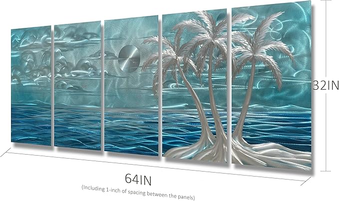 BATRENDY ARTS Modern Beach Metal Wall Art Decor 3D Silver Coconut Palm on the Shores of Hawaii Blue Coast Hanging Sculptures Outdoor or Indoor Tree Decorations