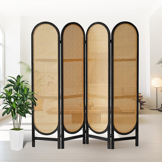 4 Panel Room Divider, Double Hinged Foldable Wooden Room Divider, Individual Privacy Screen Made of Hand-Woven Rattan, Portable Wall Divider for Home Office Bedroom Bathroom (Black Natural)