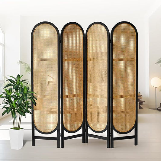 4 Panel Room Divider, Double Hinged Foldable Wooden Room Divider, Individual Privacy Screen Made of Hand-Woven Rattan, Portable Wall Divider for Home Office Bedroom Bathroom (Black Natural)