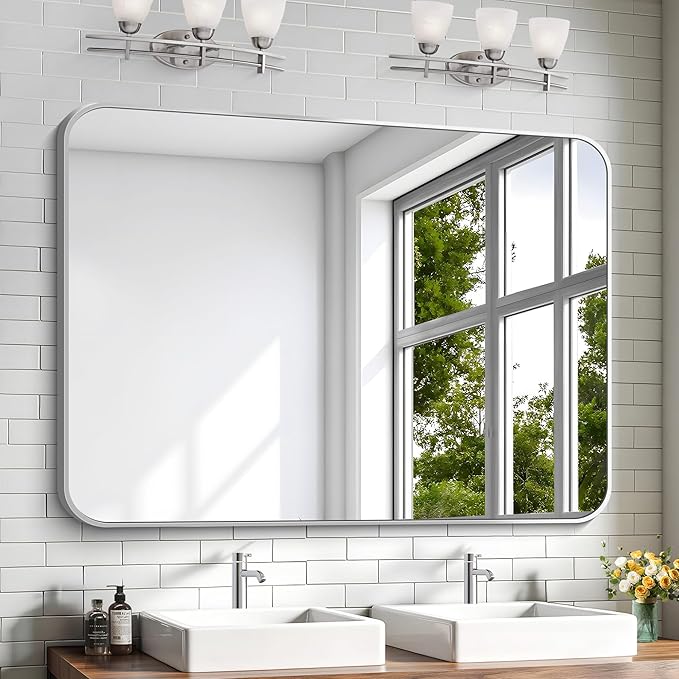 KOCUUY Silver Bathroom Mirror, 48x36 Inch Large Bathroom Mirror for Over Sink, HD Tempered Glass, Anti-Rust Brushed Silver Frame, Rounded Corner Modern Design for Bathroom, Hang Horizontal/Vertical