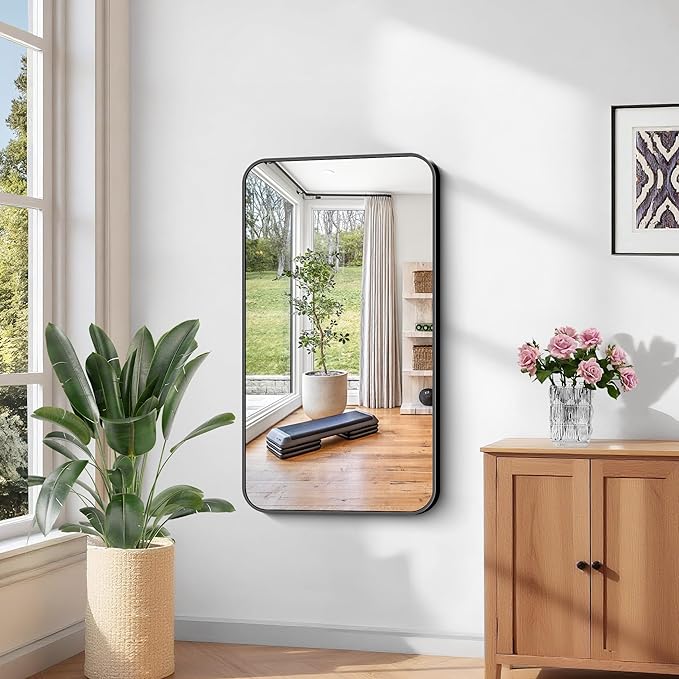 KOCUUY Bathroom Mirror 24" x 40", Black Rectangle Mirror with Metal Frame, Matte Black Vanity Mirror Rounded Corner Decorative for Bedroom, Living Room, Entryway (Horizontal/Vertical)