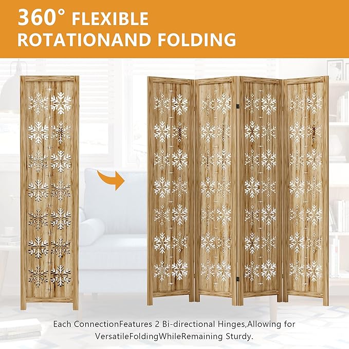 Casaphoria 4 Panels Room Divider, Folding Screen Room Divider with Snowflake Pattern for Home Office, Restaurant and Bedroom, Paulownia Wood, 66" W x 67" H (Natural)