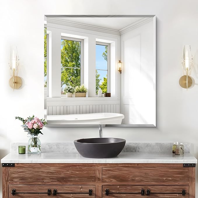 KOCUUY Beveled Mirror, 30x30 Inch Square Frameless Bathroom Mirror for Over Sink, Upgraded Shatterproof Beveled Unframed Design Mirror for Bathroom, Bedroom, Entryway, Hang Horizontal/Vertical
