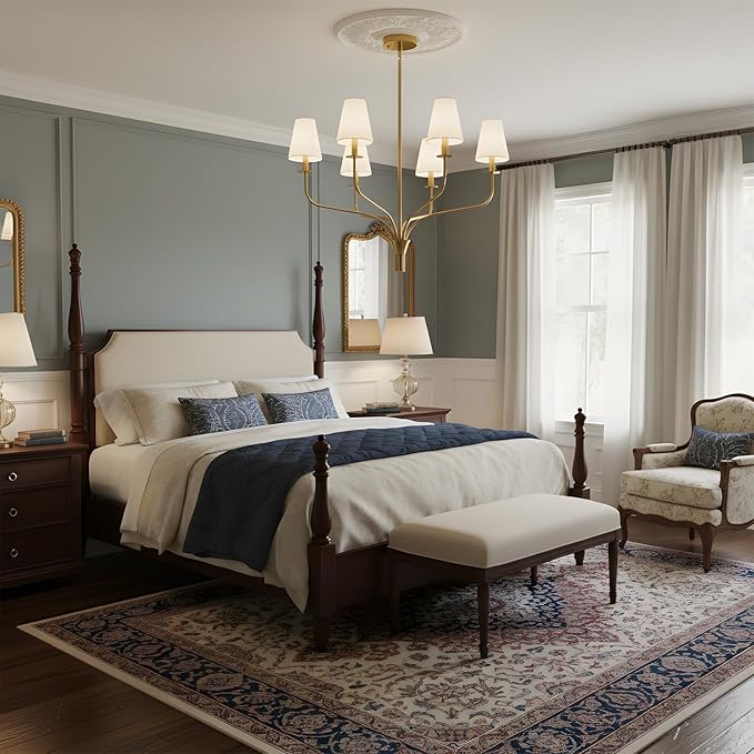 30" Modern Gold Chandelier for Dining Room, 6-Light Brushed Brass Pendant Light Fixture with White Fabric Shade,Mid Century Ceiling Lighting for Living Room Bedroom Kitchen Island, E12