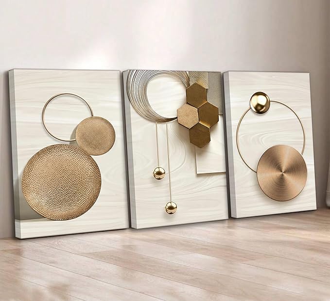 3 Pcs Abstract Gold Geometric Boho Canvas Wall Art Mid Century Modern Minimalist Aesthetic Luxury Metal Artwork Pictures Wall Decor Posters Prints for Living room Bedroom Office Home Decoration